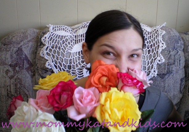 mom behind valentine's flowers mom behind valentine's flowers