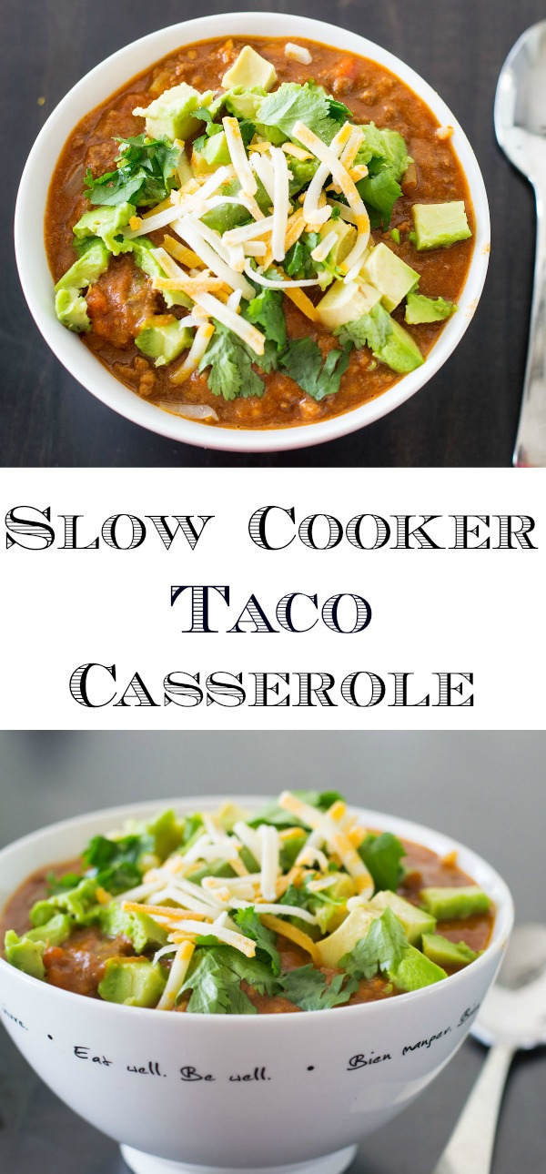 Easy and Delicious Slow Cooker Taco Casserole! Perfect for a busy weekday, and can also be made in an Instant Pot!