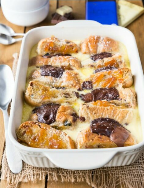 hot cross bun bread and butter pudding in pan