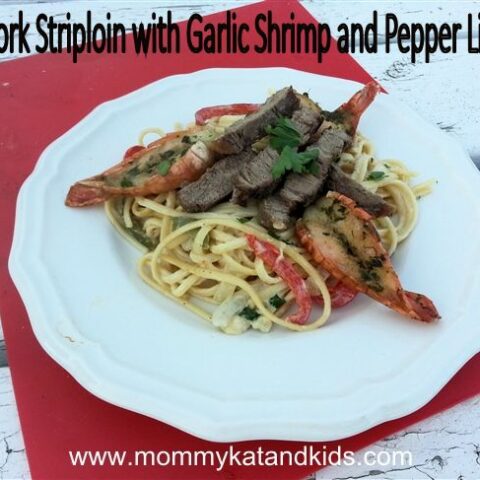 New York Steak with Garlic Shrimp and Pepper Linguine Recipe