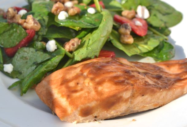 maple salmon and strawberry salad