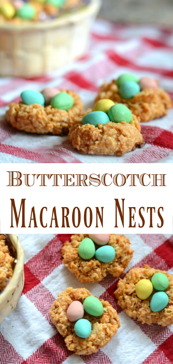 For an easy and delicious Easter Treat, look no further than these delicious Butterscotch Macaroon Birds Nest Cookies filled with chocolate eggs! They're simple to make and sinfully rich!