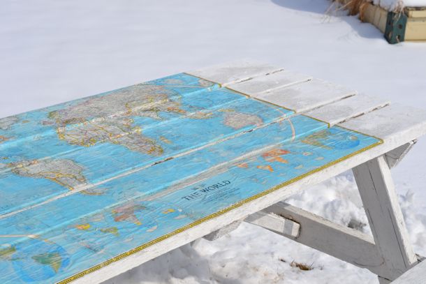 map glued on table