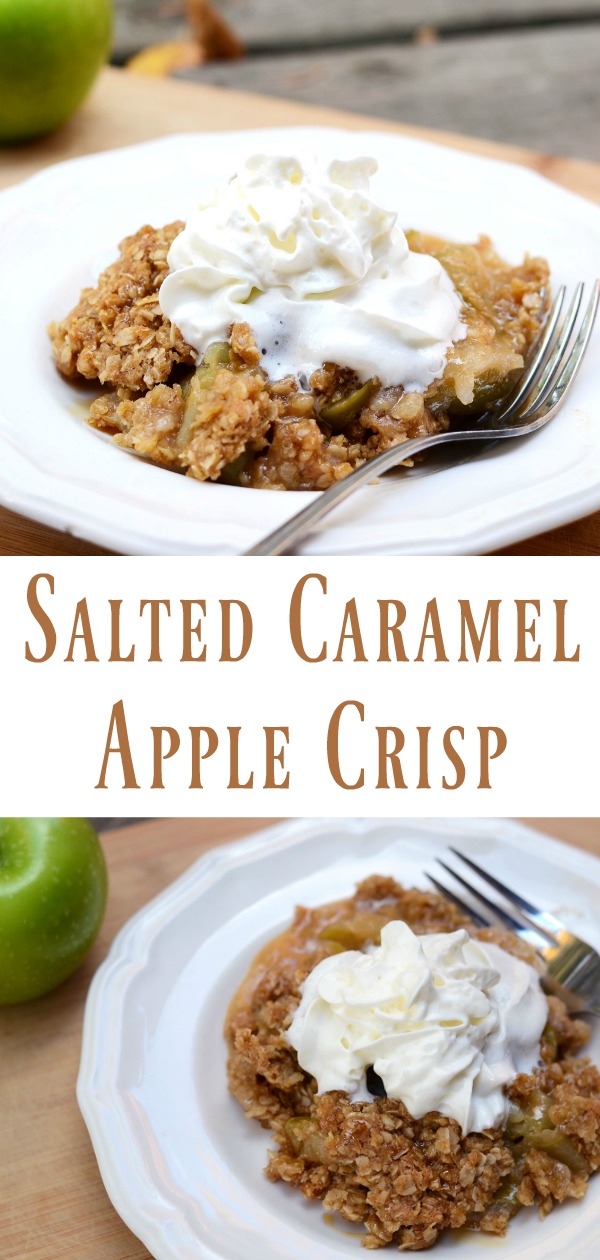 This Salted Caramel Apple Crisp recipe is so easy to make and a great way to welcome fall! Crunchy oats, creamy caramel and tart apples combine for a dessert the whole family will love!