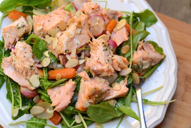 warm salmon roasted vegetable salad