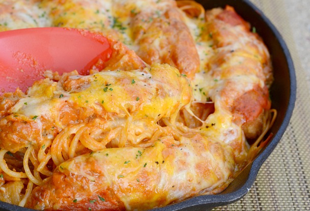 spicy baked chicken parmesan. Just four ingredients and thirty minutes to make!