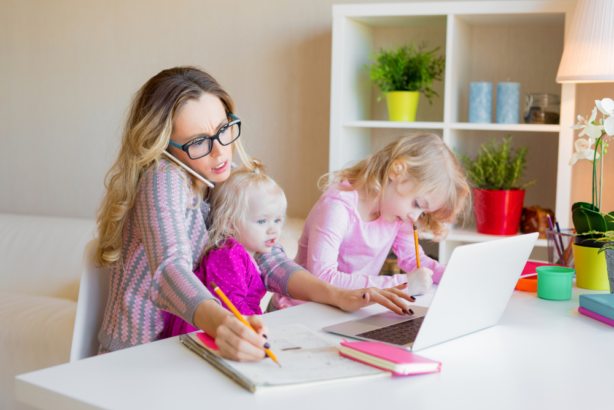 mom with kids working