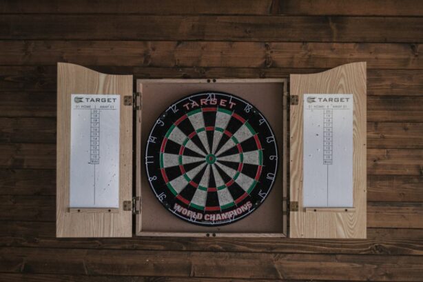 classic dartboard in cabinet