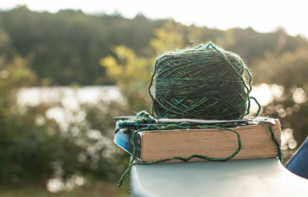 book-and-knitting-project-outdoors