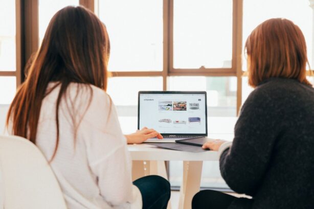 two women working at laptop