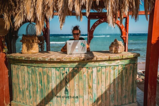 woman working at the beach