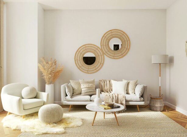 living space with layered area rugs