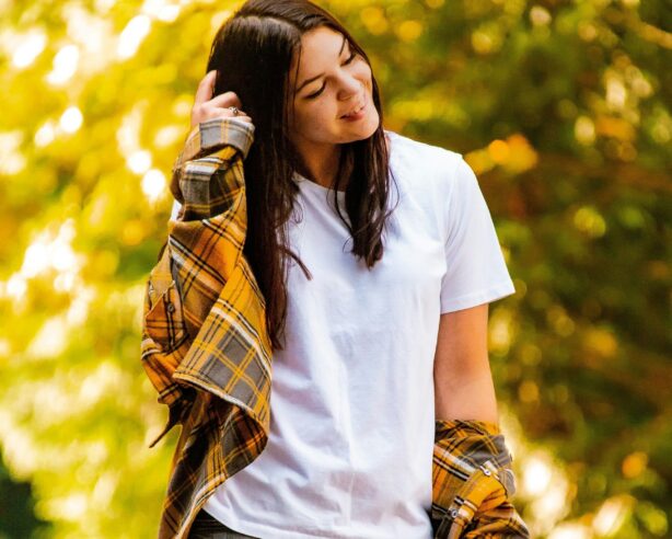 woman in plain white tee during autumn